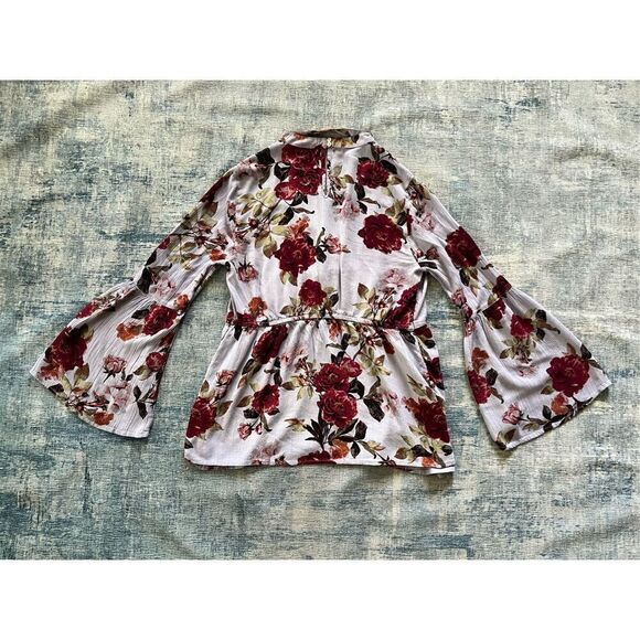 ANA Blue Red Floral Bell Sleeve Peasant Blouse w Choker V Neckline Medium - Picture 7 of 7